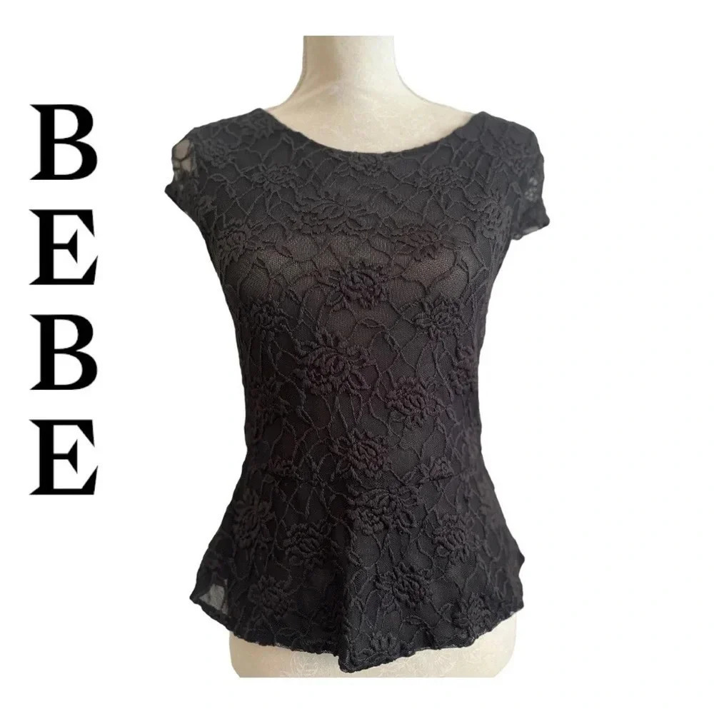 Bebe black peplum flower lace top size Small
